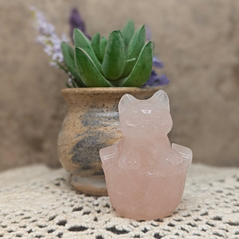 Rose Quartz Cat in a Basket Carving~CRRQCIAB
