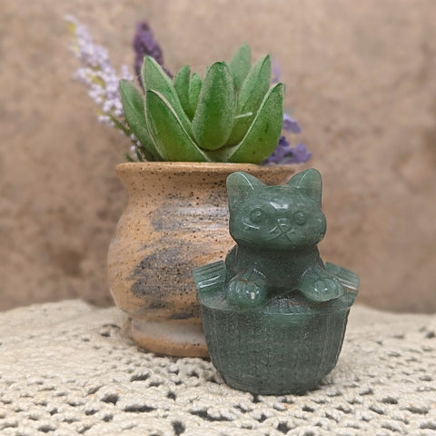 Green Aventurine Cat in a Basket Carving~CRGACIAB