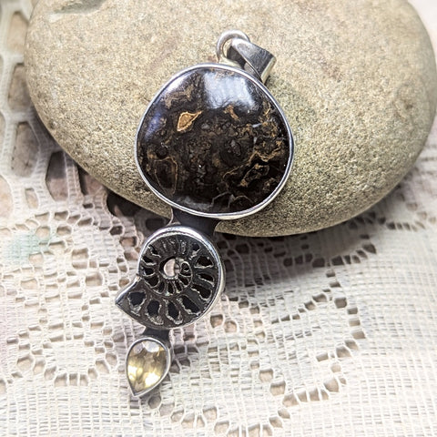 Stromatolite, Pyritized Ammonite & Citrine Pendant~JSSSPACIT
