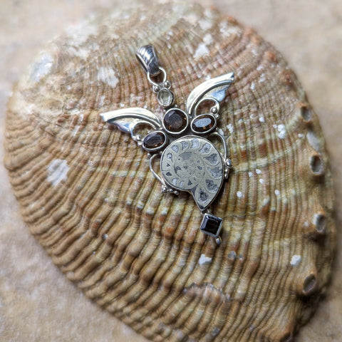 Pyritized Ammonite, Smoky Quartz & Herkimer Diamond Pendant~JSSPASQH