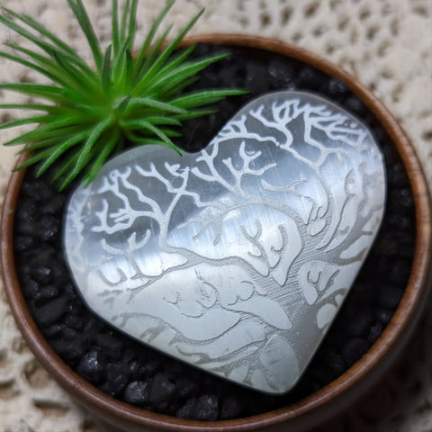 Tree Etched Selenite Heart~CRSFOLTR