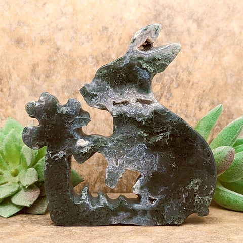 Moss Agate Rabbit and Flower Carving~CRMAFRC2